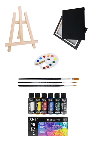 Mini Şövale Rich Master-mix Akrilik Set 6 Lı 60 Cc 25x35 Siyah Tuval Akrilik Başlangıç Seti