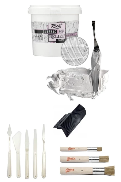 Rich Rölyef Pasta Klasik 1200 Gr Beyaz Stencil Fırça Seti Plastik Spatül Seti Doku Tarağı - 1