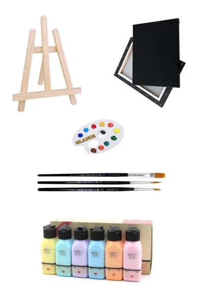 Mini Şövale Artdeco Akrilik Boya 6x75 Ml Pastel Renkler 25x35 Siyah Tuval Akrilik Başlangıç Seti