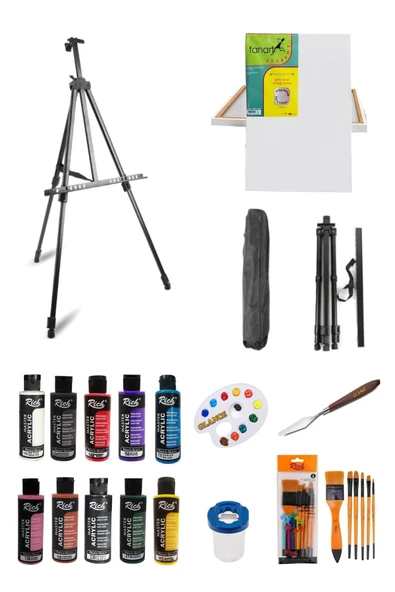 Rich 120 Cc Akrilik Boya - 50x70 Tuval -portatif Metal Şövale Seti Ayarlanabilir ürün görseli 1