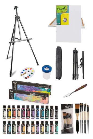 Rich Mastermix Akrilik Boya 12'li Canlı-pastel 60 Cc - 50x70 Tuval-portatif Metal Şövale Seti ürün görseli 1