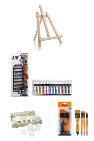 Orta Boy Şövale-art-x 12 Ml 12 'li Renk Tüp Akrilik Set-rich Set8 6'lı Fırça-şişeli Palet 4'lü Set ürün görseli
