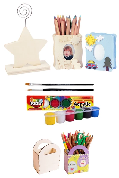 Beleduc Ahşap Kalemlik Çerçeve Çanta Kalemlik Yıldız Kağıt Tutucu Funny Kids 15ml Akrilik Boya Seti