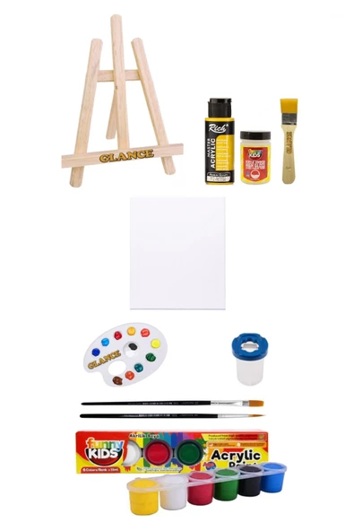 Ahşap Şövale Sarı Renge Boyama Ve 25x35 Tuval Funny Kids 6 Renk X 15 Ml Akrilik Boya Başlangıç Seti