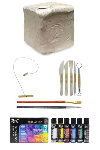 Beyaz Seramik Hamuru 6 kg Kil Rich Mastermix Akrilik Boya Seti Ana Renkler 6lı 60cc Set ürün görseli 1