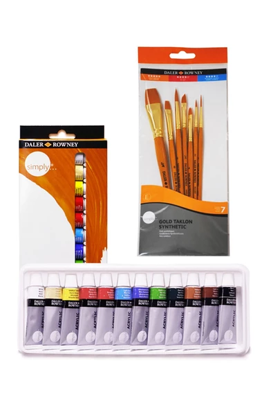 Daler Rowney Simply Akrilik Boya Seti 12x12 ml Daler Rowney Fırça Seti 7li ürün görseli 1