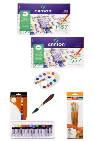 Daller Rowney Simply 12x12ml 12 Renk Akrilik Boya Canson Resim Defteri 35x50cm 180 gr 15 Yaprak Set