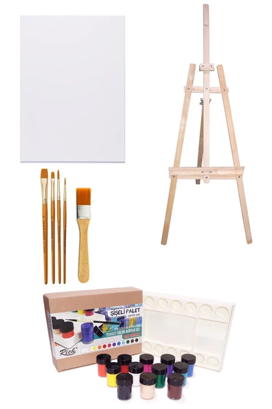 Ayaklı Şövale 35x50 cm Tuval Şişeli Palet 25x12 ml Akrilik Seti ürün görseli 1