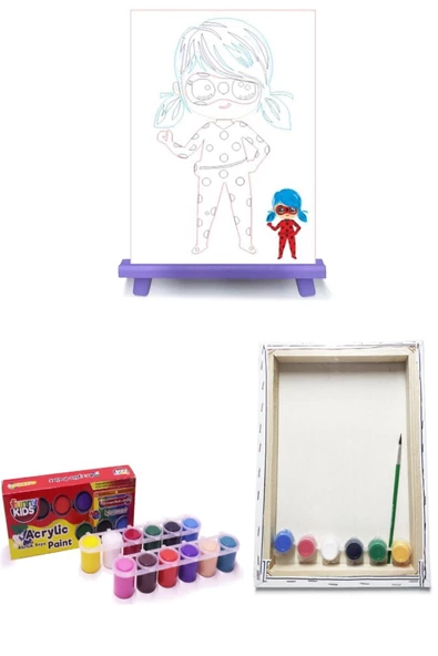 Mor Mini Şövale 25x35 Tuval Funny Kids Akrilik 25 Ml 12'li Renklerle Boyama Seti