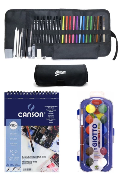 Canson Resim Defteri Mix Media A5 200 gr Faber Giotto Suluboya 23 Mm 12'li Rulo Çantalı Set