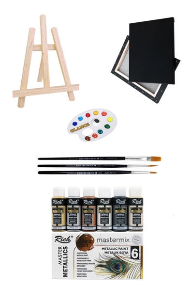 Mini Şövale Rich Master Mix 60cc Akrilik 6'lı Metalik Renk 25x35 Siyah Tuval Akrilik Başlangıç Seti