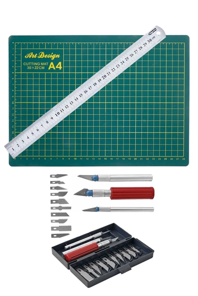 A4 Kesim Matı Çift Taraflı Kesim Altlığı Hobi Bıçak Seti Kretuar Bıçağı 13 Adet 30 cm Çelik Cetvel ürün görseli 1