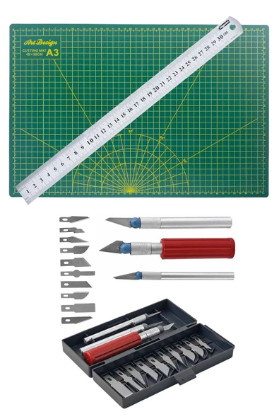 A3 Kesim Matı Çift Taraflı Kesim Altlığı Hobi Bıçak Seti Kretuar Bıçağı 13 Adet 30 Cm Çelik Cetvel - 1