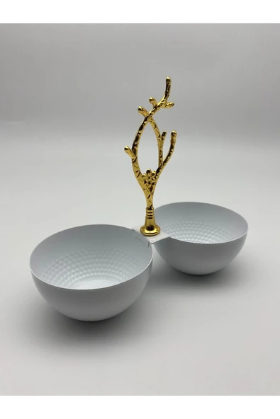 2 Bölmeli Beyaz Metal Çerezlik, Altın Dallı Çerez Tabağı - 2