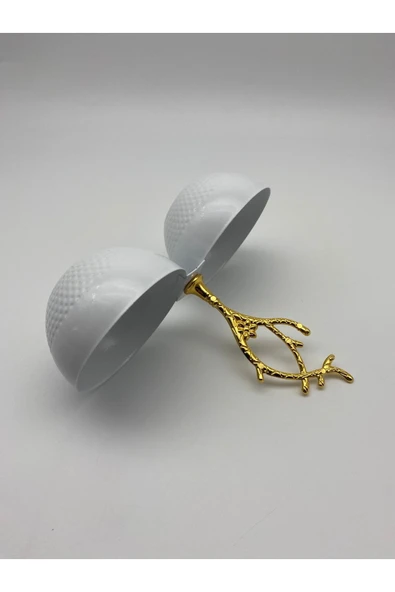 2 Bölmeli Beyaz Metal Çerezlik, Altın Dallı Çerez Tabağı - 5