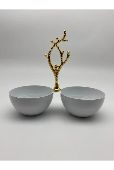 2 Bölmeli Beyaz Metal Çerezlik, Altın Dallı Çerez Tabağı - 3