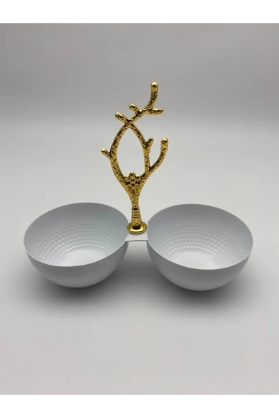 2 Bölmeli Beyaz Metal Çerezlik, Altın Dallı Çerez Tabağı