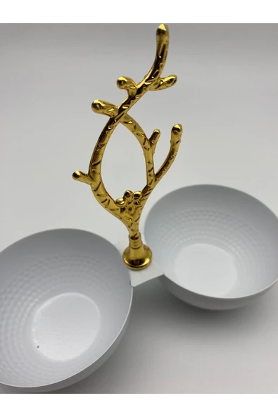 2 Bölmeli Beyaz Metal Çerezlik, Altın Dallı Çerez Tabağı - 4
