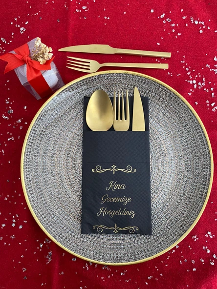 Gold Yaldızlı Siyah Kına Gecemize Hoşgeldiniz Cepli Peçete 12 Adet 40x40 ürün görseli 1