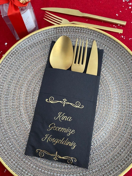 Gold Yaldızlı Siyah Kına Gecemize Hoşgeldiniz Cepli Peçete 12 Adet 40x40 - Resim 2