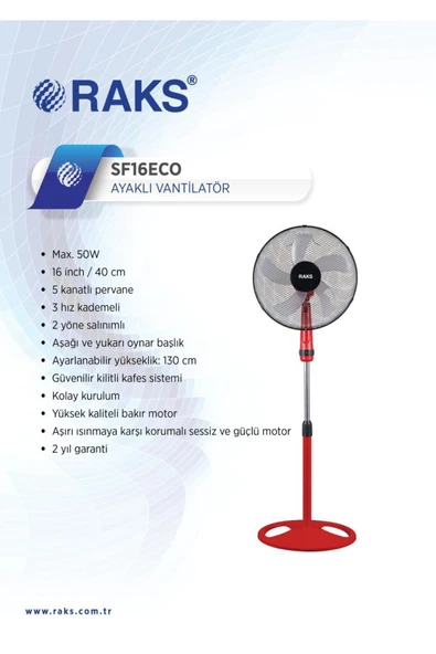 Raks SF 16 ECO Kırmızı Salınım Özellikli Ayaklı Vantilatör 50W - Resim 2