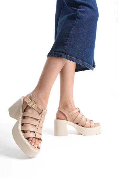 Zercok Ten Rengi Çok Bantlı Yüksek Sandalet Platform Topuklu Günlük Ayakkabı - 3