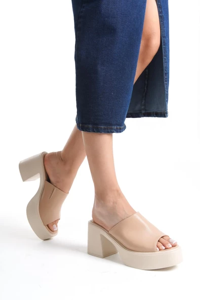 Arhez Ten Rengi Tek Bant Kalın Platform Topuklu Günlük Terlik - 3