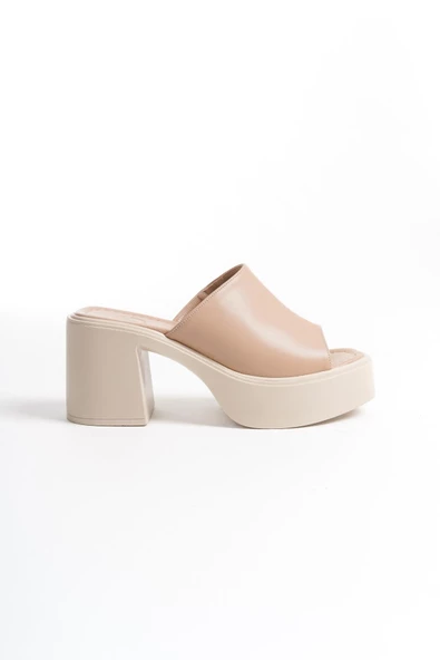 Arhez Ten Rengi Tek Bant Kalın Platform Topuklu Günlük Terlik - 4