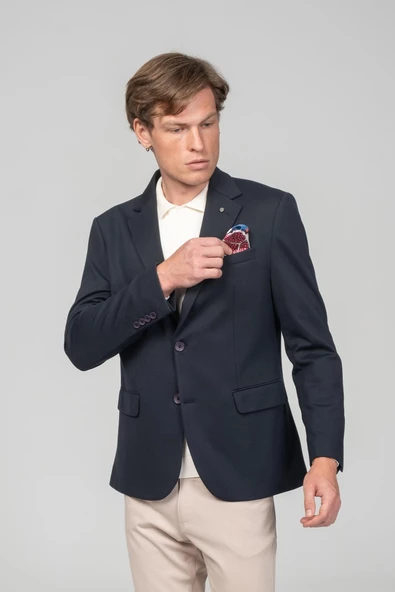 CEKMON Erkek Astarlı Çift Yırtmaçlı Örme Esnek Kumaşdan Yakası Ve Mendili Detaylı Klasik Ceket - 8