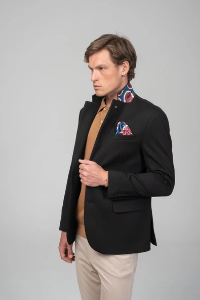 CEKMON Erkek Astarlı Çift Yırtmaçlı Örme Esnek Kumaşdan Yakası Ve Mendili Detaylı Klasik Ceket - 4