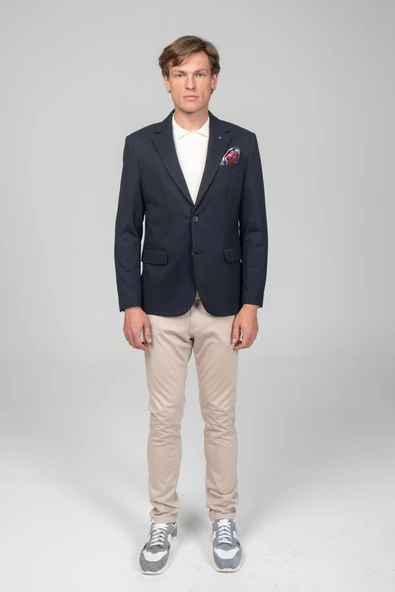 CEKMON Erkek Astarlı Çift Yırtmaçlı Örme Esnek Kumaşdan Yakası Ve Mendili Detaylı Klasik Ceket - 11