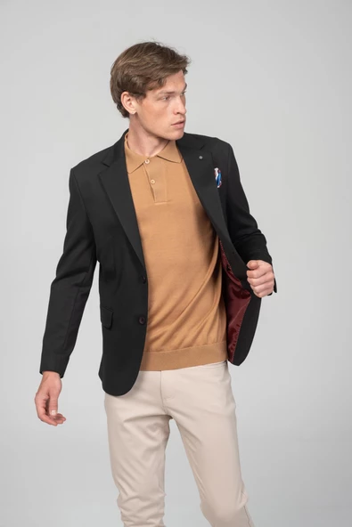 CEKMON Erkek Astarlı Çift Yırtmaçlı Örme Esnek Kumaşdan Yakası Ve Mendili Detaylı Klasik Ceket - 2