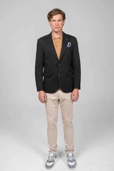 CEKMON Erkek Astarlı Çift Yırtmaçlı Örme Esnek Kumaşdan Yakası Ve Mendili Detaylı Klasik Ceket - 5