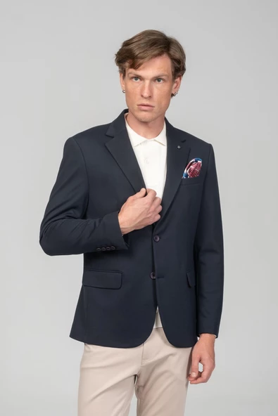 CEKMON Erkek Astarlı Çift Yırtmaçlı Örme Esnek Kumaşdan Yakası Ve Mendili Detaylı Klasik Ceket - 7