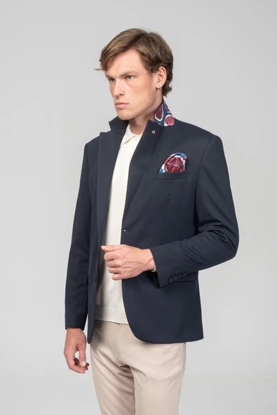 CEKMON Erkek Astarlı Çift Yırtmaçlı Örme Esnek Kumaşdan Yakası Ve Mendili Detaylı Klasik Ceket - 10