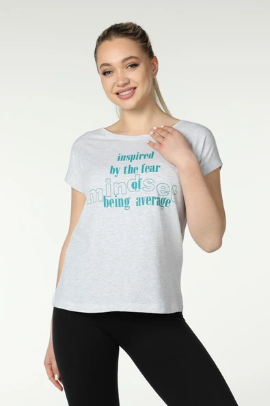 Kadın Baskılı Kısa Kollu Arka Dikişli Bisiklet Yaka Tişört Somon  2XL KAR MELANJ - Resim 9