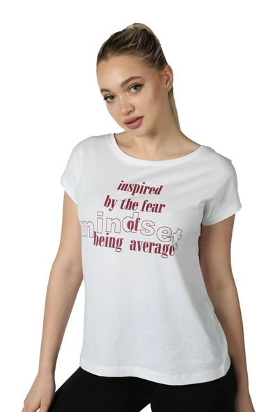 Kadın Baskılı Kısa Kollu Arka Dikişli Bisiklet Yaka Tişört Somon  XS BEYAZ - Resim 11