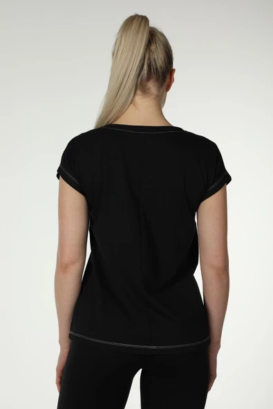 Kadın Baskılı Kısa Kollu Arka Dikişli Bisiklet Yaka Tişört Somon  2XL SİYAH - 4