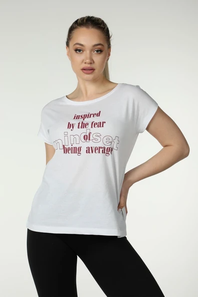 Kadın Baskılı Kısa Kollu Arka Dikişli Bisiklet Yaka Tişört Somon  M KIRMIZI - Resim 12