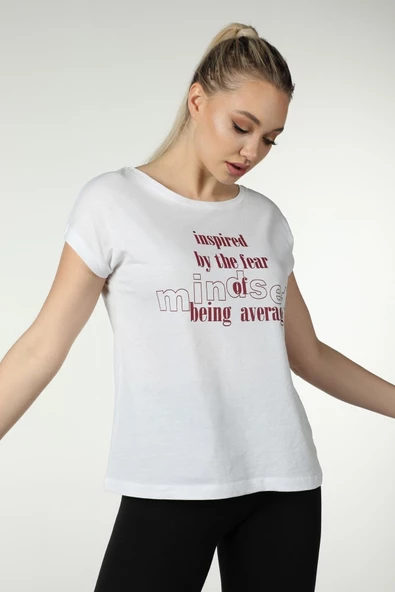 Kadın Baskılı Kısa Kollu Arka Dikişli Bisiklet Yaka Tişört Somon  XL BEYAZ - 4