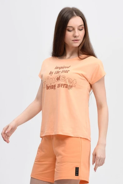 Kadın Baskılı Kısa Kollu Arka Dikişli Bisiklet Yaka Tişört Somon  2XL SARI ürün görseli