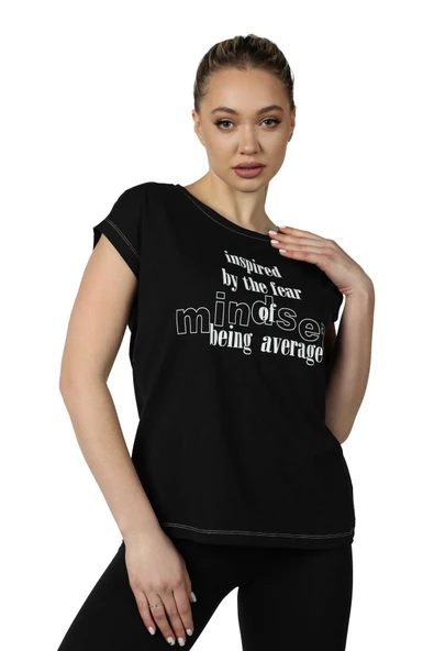 Kadın Baskılı Kısa Kollu Arka Dikişli Bisiklet Yaka Tişört Somon  2XL SİYAH - 1