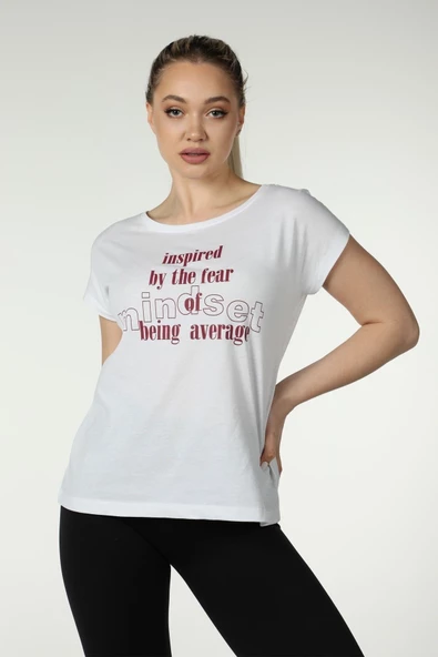 Kadın Baskılı Kısa Kollu Arka Dikişli Bisiklet Yaka Tişört Somon S BEYAZ - 2