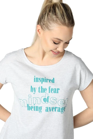 Kadın Baskılı Kısa Kollu Arka Dikişli Bisiklet Yaka Tişört Somon  2XL SİYAH - Resim 6