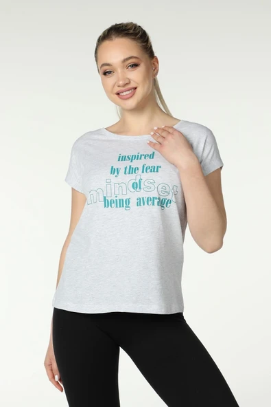 Kadın Baskılı Kısa Kollu Arka Dikişli Bisiklet Yaka Tişört Somon  L SARI - Resim 9