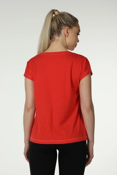 Kadın Baskılı Kısa Kollu Arka Dikişli Bisiklet Yaka Tişört Somon  2XL KIRMIZI - 5