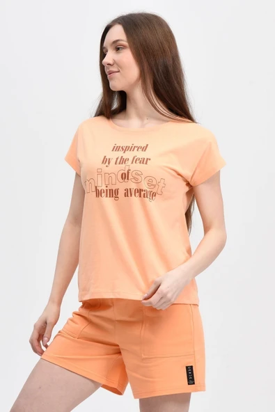 Kadın Baskılı Kısa Kollu Arka Dikişli Bisiklet Yaka Tişört Somon  2XL BEYAZ - Resim 4