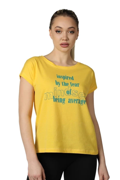 Kadın Baskılı Kısa Kollu Arka Dikişli Bisiklet Yaka Tişört Somon  2XL SARI - 1