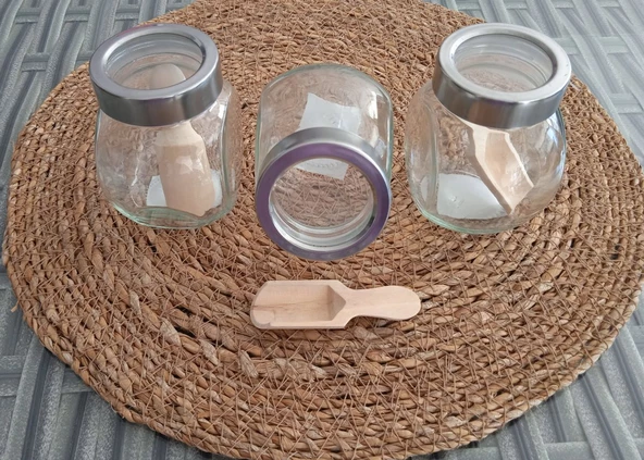 3'lü METAL KAPAKLI KAŞIKLI CAM BAHARATLIK SETİ KAVANOZU TUZLUK DEKORATİF