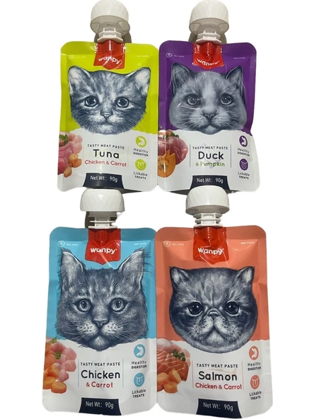 Wanpy Tasty Meat Paste Taze Sıvı Kedi Ödül Maması Kedi Ödül Maması 4X90GR